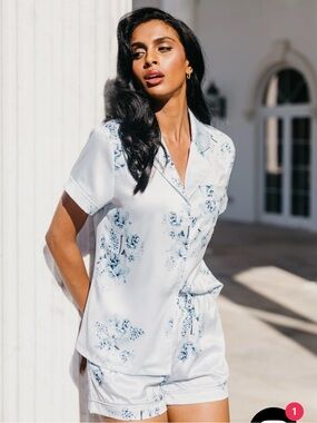 Silk Blue Floral Short Pajama Set - Le Rose